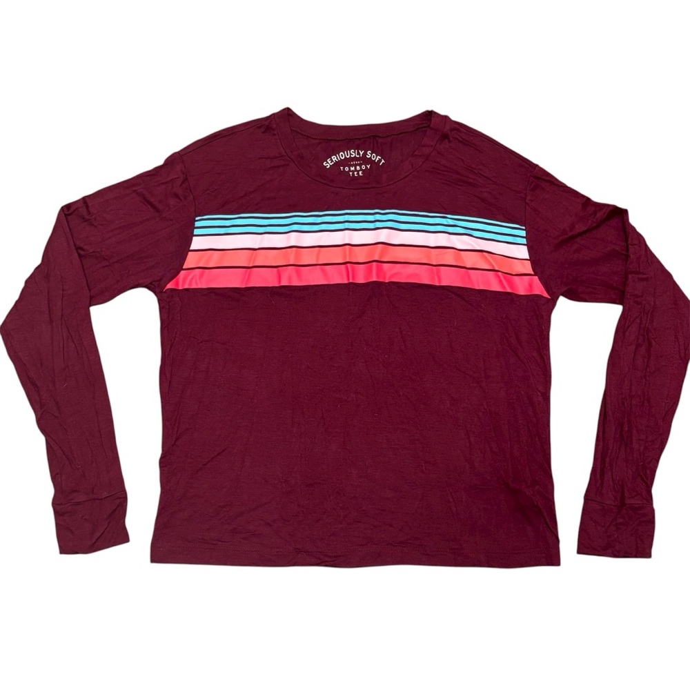 Aeropostale Seriously Soft Tomboy Tee Burgundy w/ Stripes Long-sleeve Small